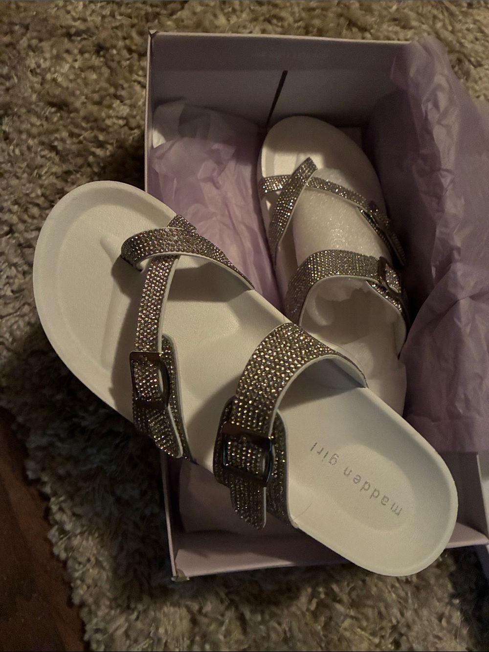 Madden Girl White Slide Sandals with Sparkling Crystal Straps